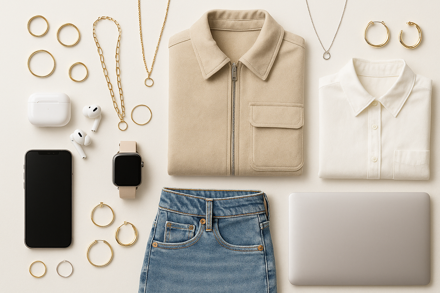 jwellery , clothes , gadgets etc in one picture 